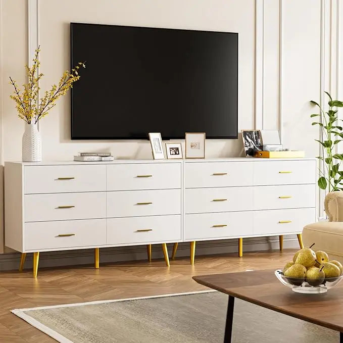 White Dresser for Bedroom, 6 Drawer Dresser with Wide Drawers and Gold Metal Handles, Wood Dressers Chest of Hallway