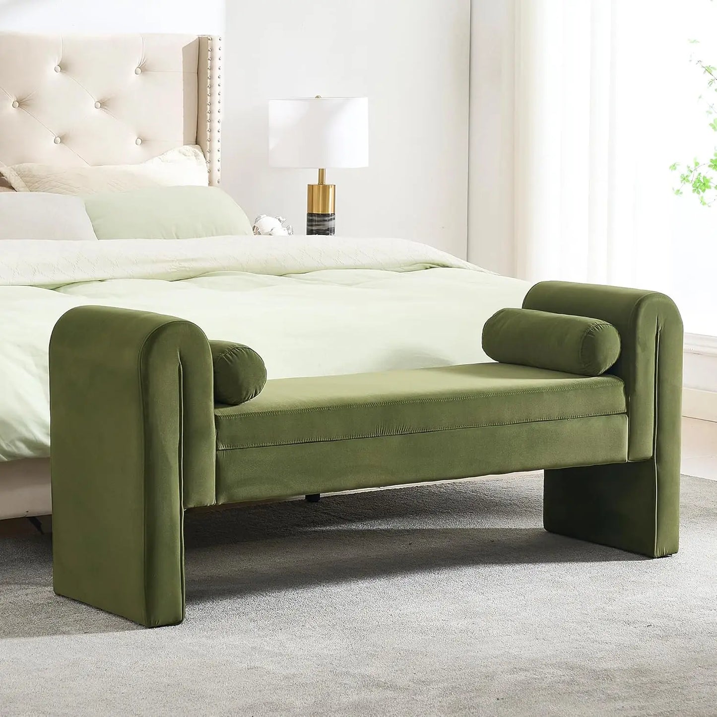 Storage Bench for Bedroom End of Bed, 65" Velvet Upholstered Rolled Armed Button Tufted Stool Bench, Storage Ottoman