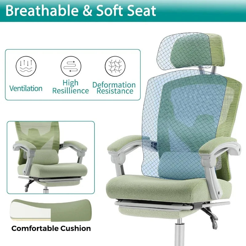 Home Office Desk Chair with Footrest, High-Back Mesh Rolling Swivel Reclining Chairs with Wheels, Comfortable Headrest
