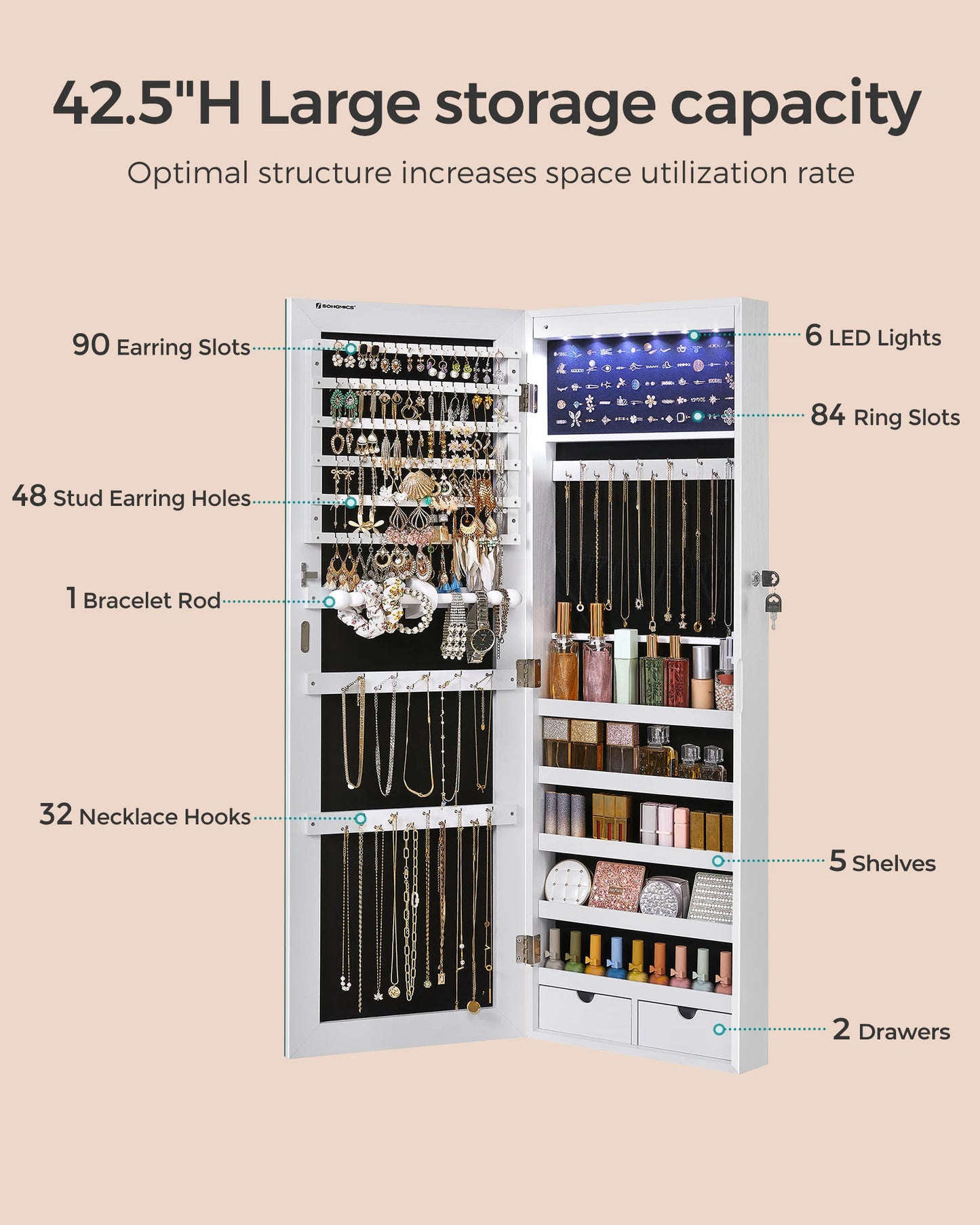 SONGMICS Hanging Jewelry Cabinet, Wall-Mounted Cabinet with LED Interior Lights, Door-Mounted Jewelry Organizer