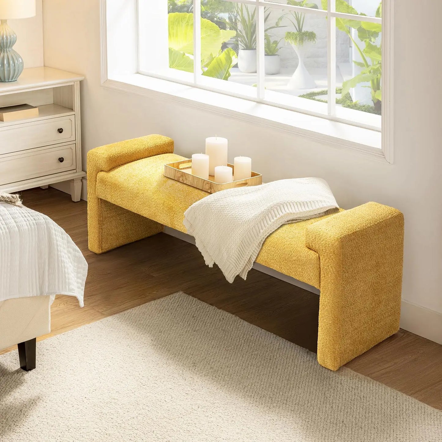 58.5" End of Bed Bench, Modern Fabric Upholstered Entryway Bench, Footrest Stool Accent Bench with Solid Wood Frame