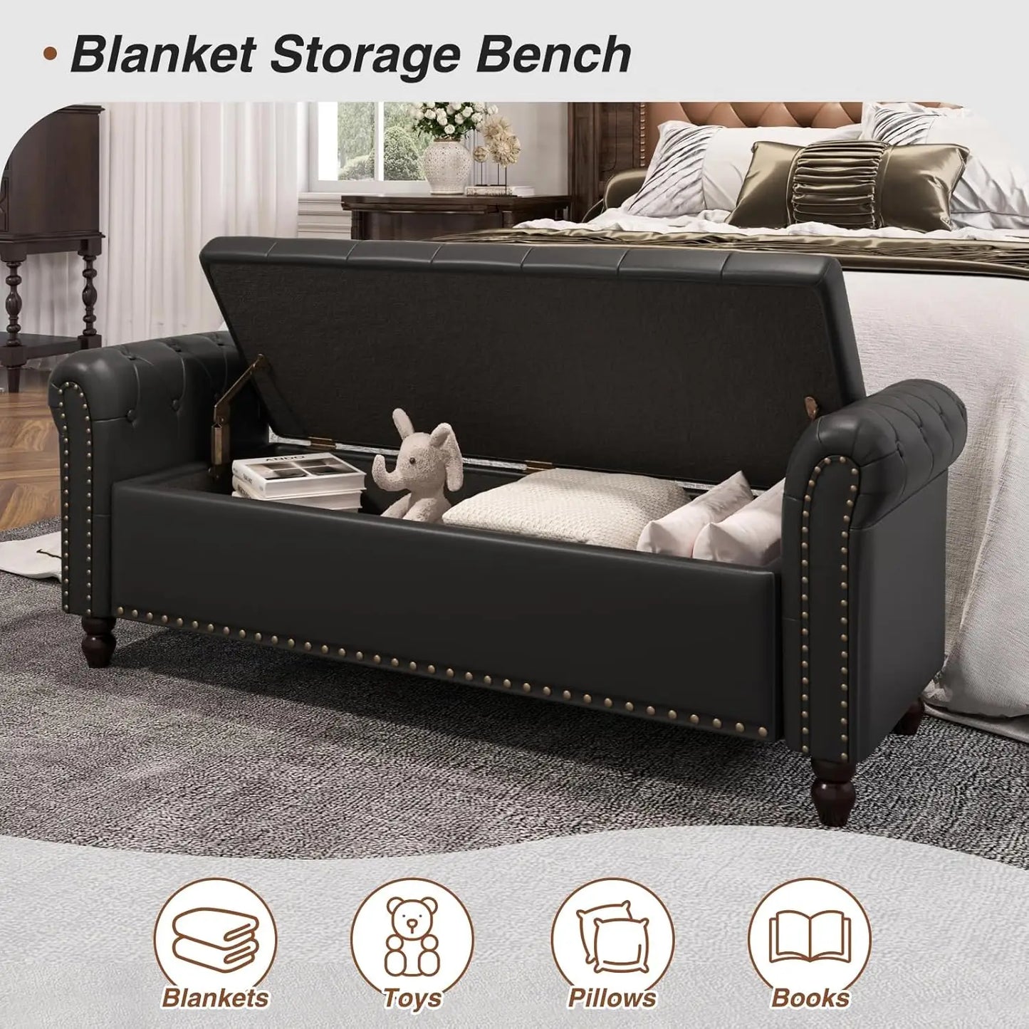 Vabches Faux Leather Storage Ottoman Bench Upholstered Button Tufted Storage Bench with Rolled Arm&Nailhead Trim for Living Room