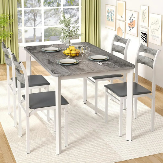Dining table set, 43.3" dining table with 4 upholstered PU leather chairs, modern wooden 5-piece set kitchen table and chairs