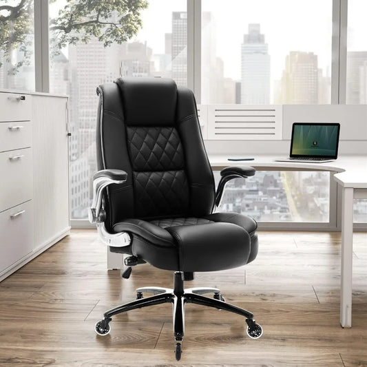 High Back Office Chair- Flip Arms Adjustable Built-in Lumbar Support, Executive Computer Desk Chair Work Chairs, Thick Padded