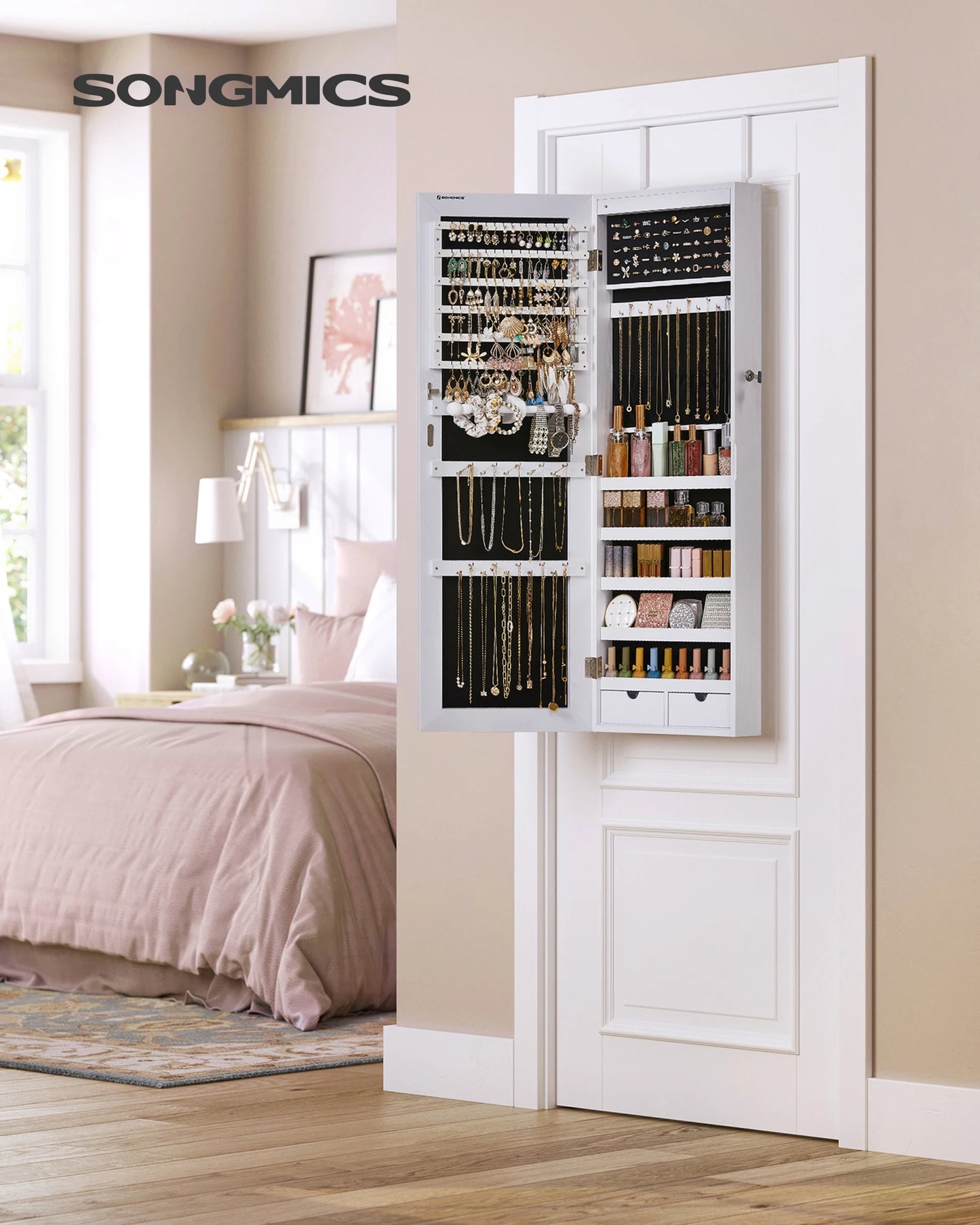 SONGMICS Hanging Jewelry Cabinet, Wall-Mounted Cabinet with LED Interior Lights, Door-Mounted Jewelry Organizer