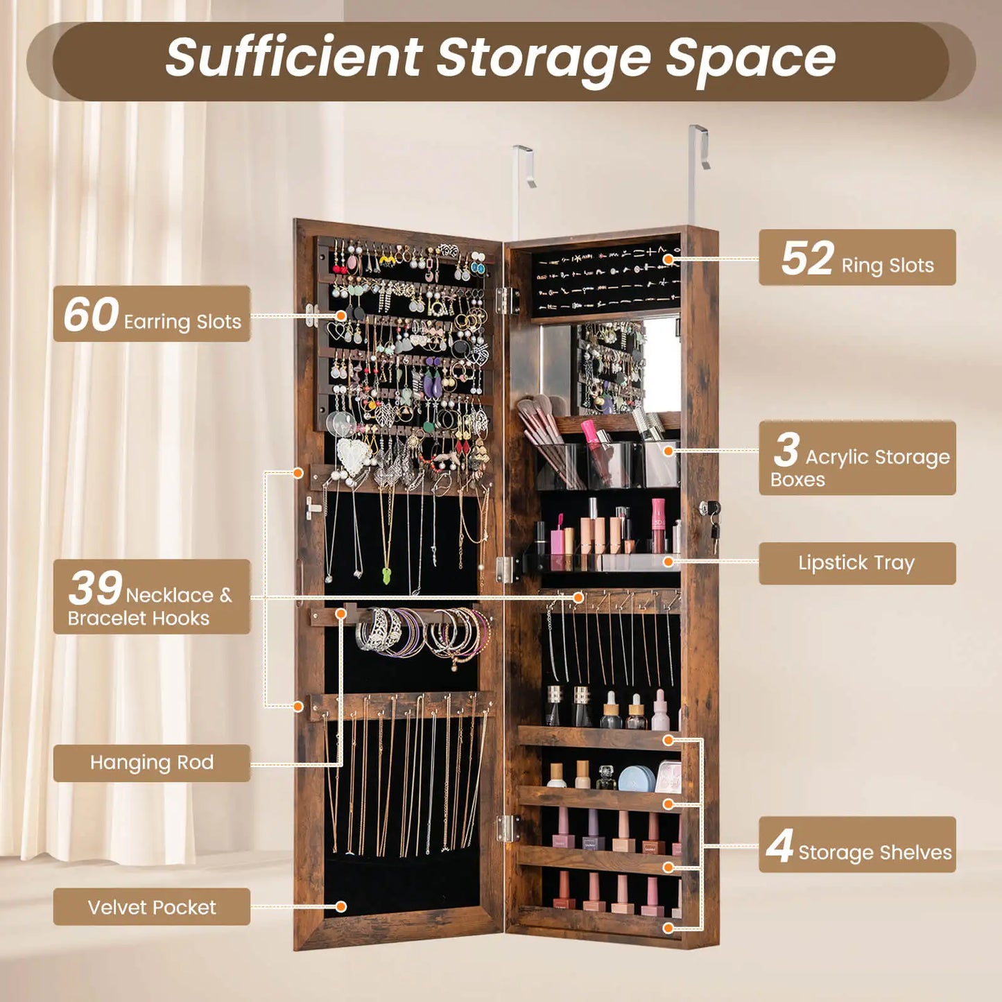 43.5" Jewelry Mirror Cabinet w/ Full-length Mirror & Interior Makeup Mirror