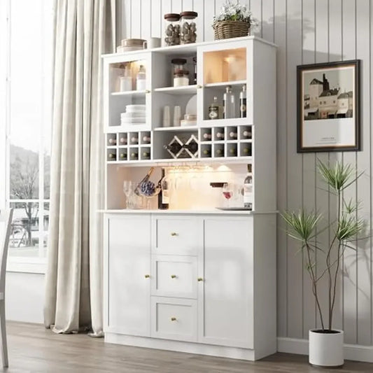 LED Lighted Bar Cabinet with Storage Shelves & Wine Rack Freestanding Liquor Display Cabinet with Stemware Slots High-Grade MDF