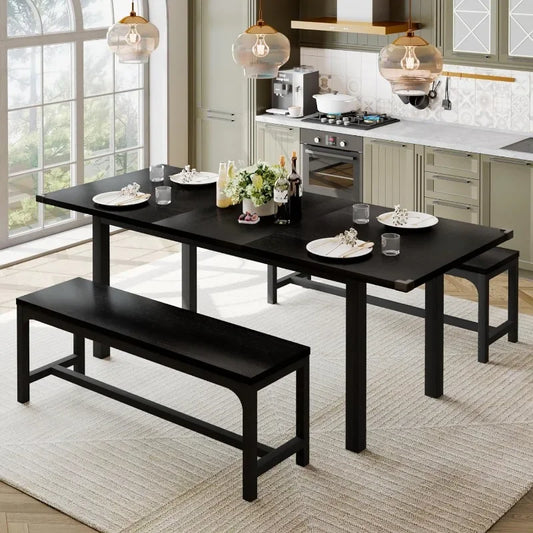 63" Extendable Dining Room Table Set for 4, Modern Dining Table with 2 Benches, 3 Pcs Black Kitchen Table for Small Space, Easy