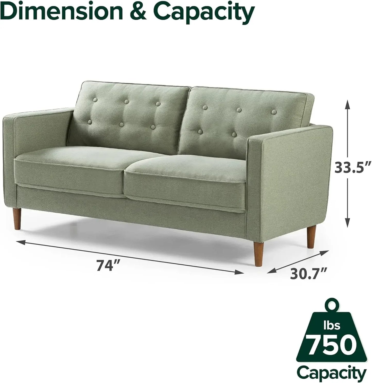 Lauren Sofa Couch / Button Tufted Cushions / Easy, Tool-Free Assembly, Pear Green