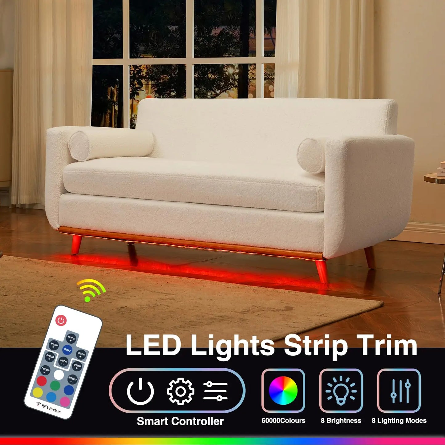 Vabches Loveseat Sofa with LED Lights&USB Ports Modern Boucle 2 Seater Sofa Couch Comfy All-Wood Washable Cover Sofa Living Room