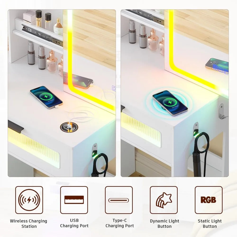 Vanity Desk with Mirror and Lights, RGB LED Vanities Desk with Charging Station, Vanity Table with Stool & Sliding Touch Mirror