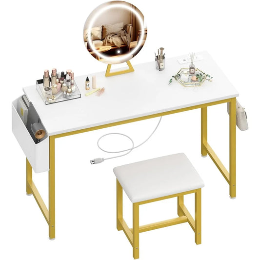 White Makeup Vanity Desk with Lights - 40“ Vanitys with Lighted Mirror & Power Outlet,with Chair, for Girls Bedroom, Gold