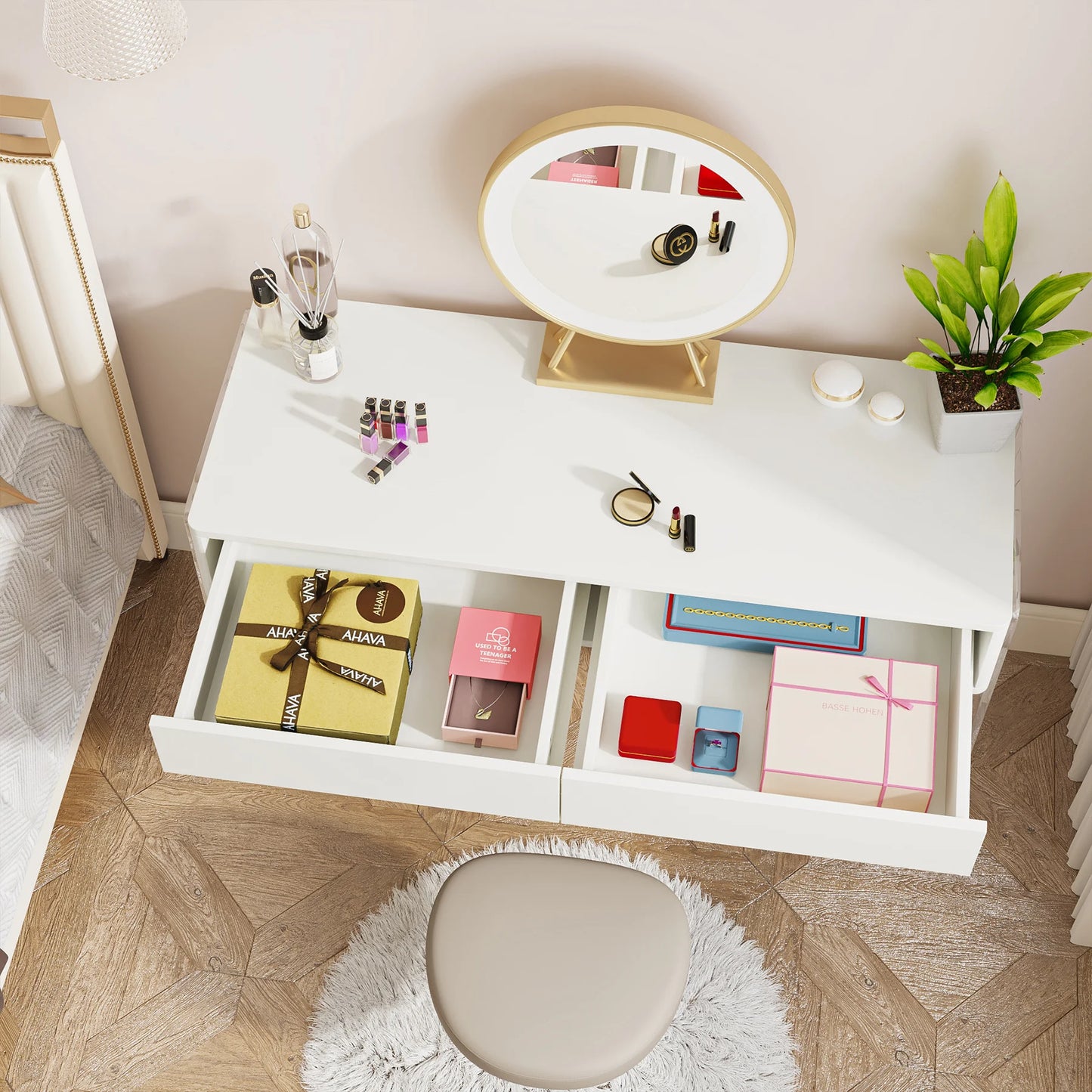 Tribesigns Makeup Vanity Desk with 2 Drawers, Modern White Computer Desk with Acrylic Legs, Glossy Vanity Dressing Table