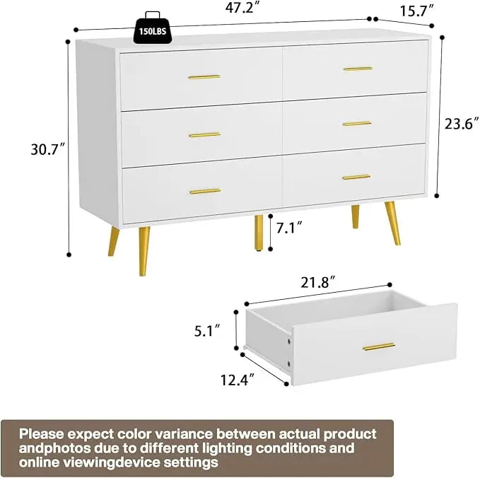 White Dresser for Bedroom, 6 Drawer Dresser with Wide Drawers and Gold Metal Handles, Wood Dressers Chest of Hallway