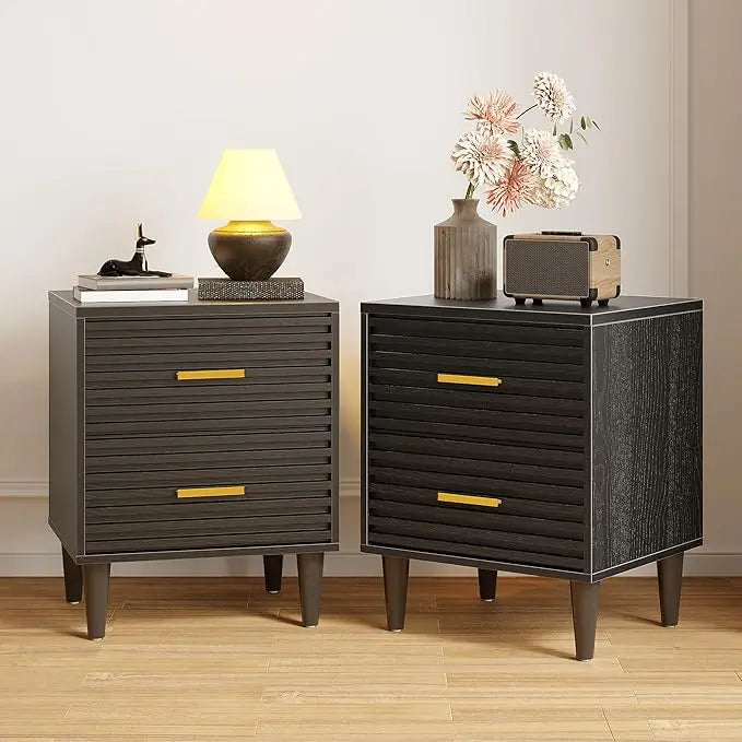 Fluted Nightstands Set of 2, Mid Century Bedside Table for Bedroom, End Table with 2 Drawers, Modern Bed Side Table wit