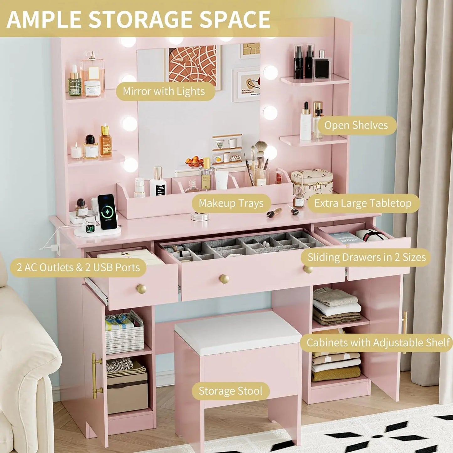 Vanity Desk with Mirror and Lights, 43'' Pink Makeup Dressing Table Set with 5 Drawers & Chair, Power Outlet, 3 Lighting Modes