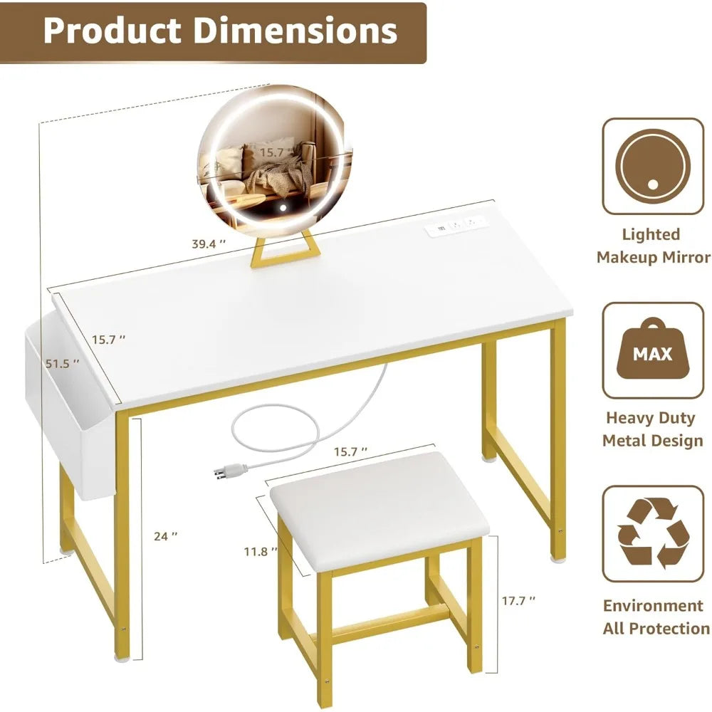 White Makeup Vanity Desk with Lights - 40“ Vanitys with Lighted Mirror & Power Outlet,with Chair, for Girls Bedroom, Gold