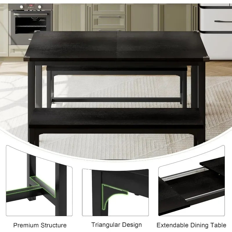 63" Extendable Dining Room Table Set for 4, Modern Dining Table with 2 Benches, 3 Pcs Black Kitchen Table for Small Space, Easy