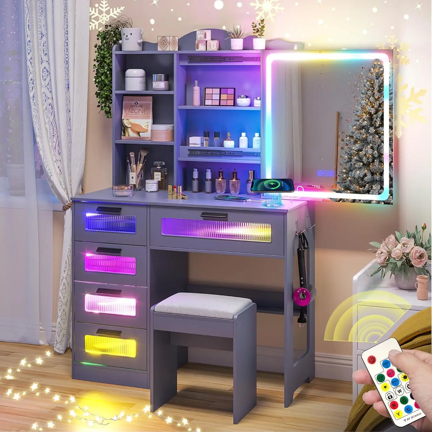Vanity Desk with Mirror and Lights, RGB LED Vanities Desk with Charging Station, Vanity Table with Stool & Sliding Touch Mirror