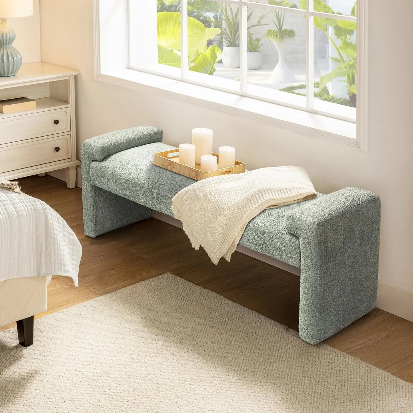 58.5" End of Bed Bench, Modern Fabric Upholstered Entryway Bench, Footrest Stool Accent Bench with Solid Wood Frame