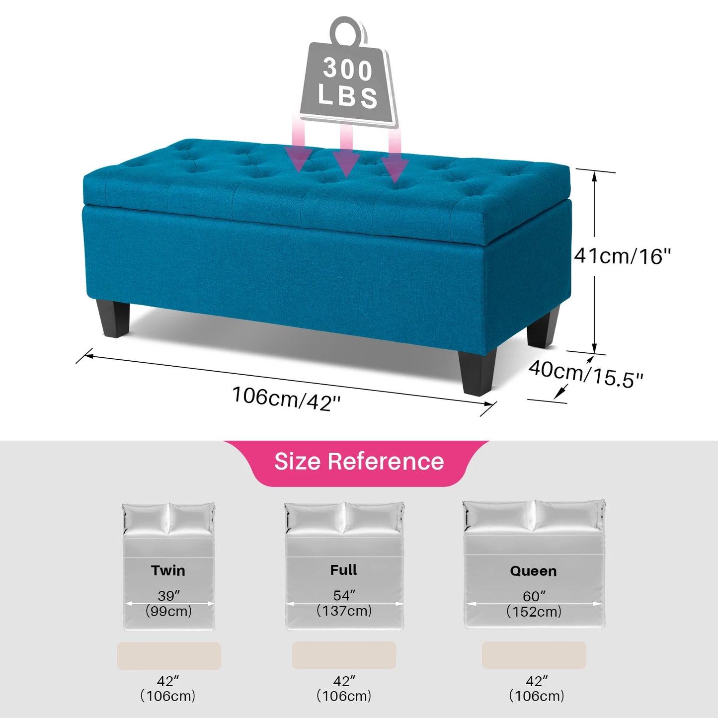 Redlife 42'' Storage Ottoman Bench, Tufted Entryway Bedroom Bench Footrest Stool w/ Flipping Lid Safety Hinge 66 L Storage Space