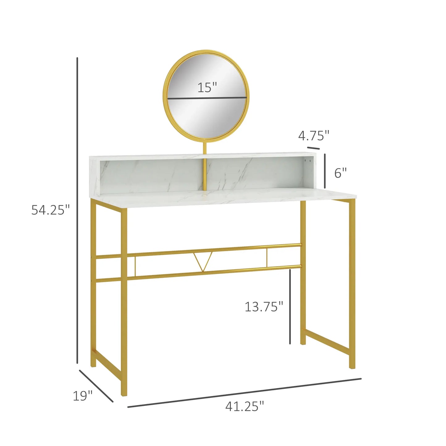 Elegant Marble Makeup Vanity Table W/ Open Storage & Round Mirror, White/Gold