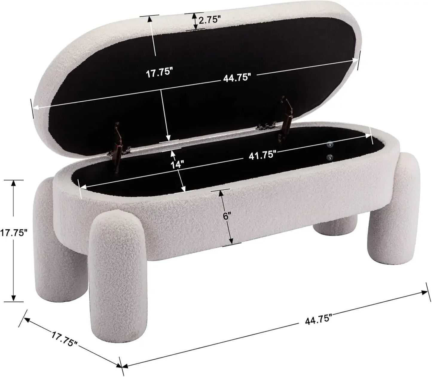 Modern Storage Bench, 44.7 Inch Upholstered Ottoman Bench Sherpa Fabric End of Bed Stool, Cute Entryway Bench for Bedroom Living