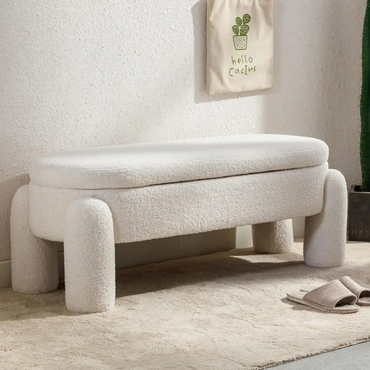 Modern Storage Bench, 44.7 Inch Upholstered Ottoman Bench Sherpa Fabric End of Bed Stool, Cute Entryway Bench for Bedroom Living