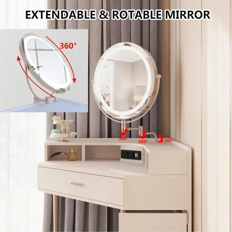 Corner Vanity Desk Makeup Vanity Table with Extendable Mirror and Lights Makeup Dressing Table with Drawers