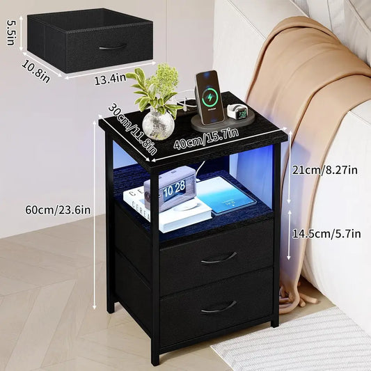 Night Stand with Charging Station, LED Nightstand with U-S-B Ports and Outlets, 2 Fabric Storage Drawers with PU Finish