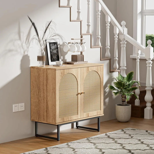 Sideboard Buffet Cabinet with Rattan Doors, Rattan Buffet Bar Cabinet, Boho Credenza Cabinet with Metal Legs