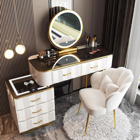 Makeup Vanity Set with Wireless Charging Station, Dressing Table with Mirror & Lights, Vanity Desk with Storage Cabinet & Chair