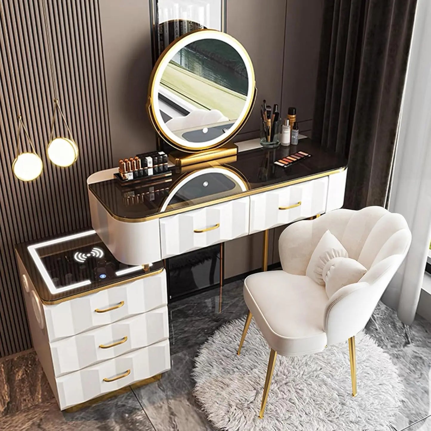 Makeup Vanity Set with Wireless Charging Station, Dressing Table with Mirror & Lights, Vanity Desk with Storage Cabinet & Chair