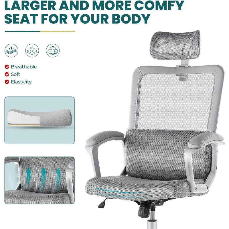 Office Desk Computer Chair, Ergonomic High Back Comfy Swivel Gaming Home Mesh Chairs with Wheels, Lumbar Support, Adjustable Hea