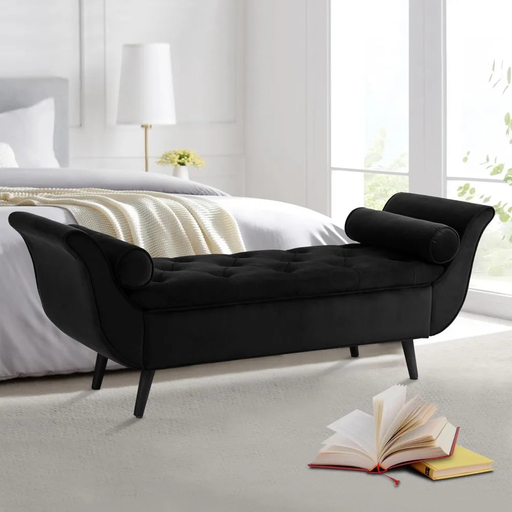 Storage Bench for Bedroom End of Bed, 65" Velvet Upholstered Rolled Armed Button Tufted Stool Bench, Storage Ottoman