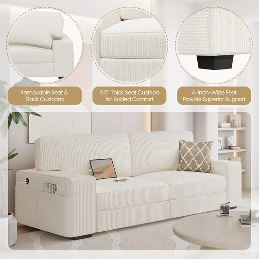 83.5" W Modern Sofa Couch 2 Seater Corduroy Fabric Sofa for Living Room Apartment, Ivory