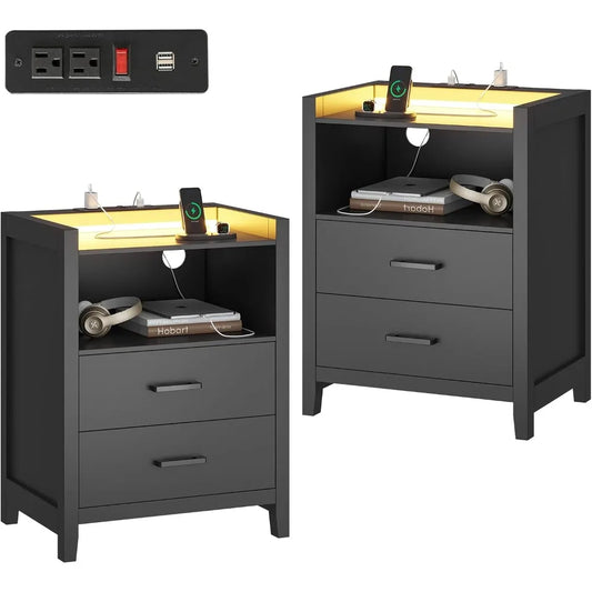 LED Nightstands Set of 2, Black Night Stand with Charging Station and 2 Drawers, Wood End Side Table with USB Ports