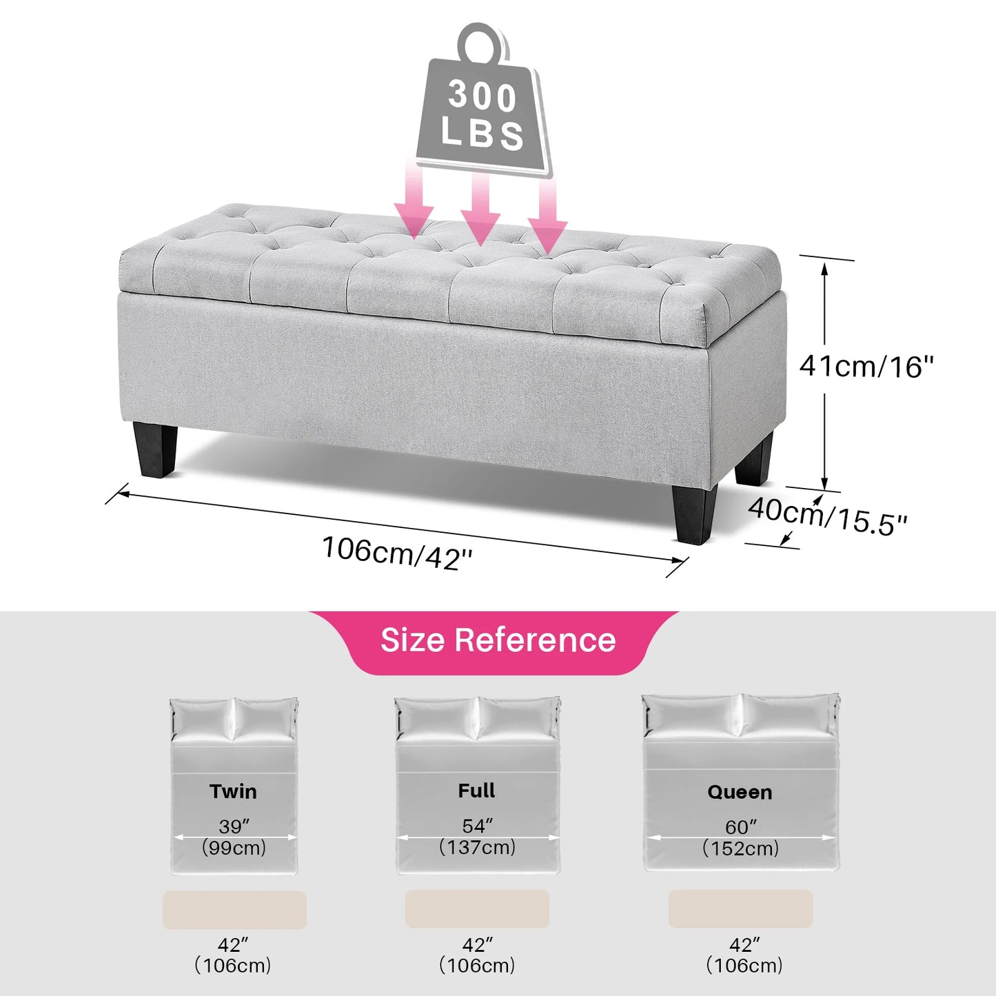 Redlife 42'' Storage Ottoman Bench, Tufted Entryway Bedroom Bench Footrest Stool w/ Flipping Lid Safety Hinge 66 L Storage Space
