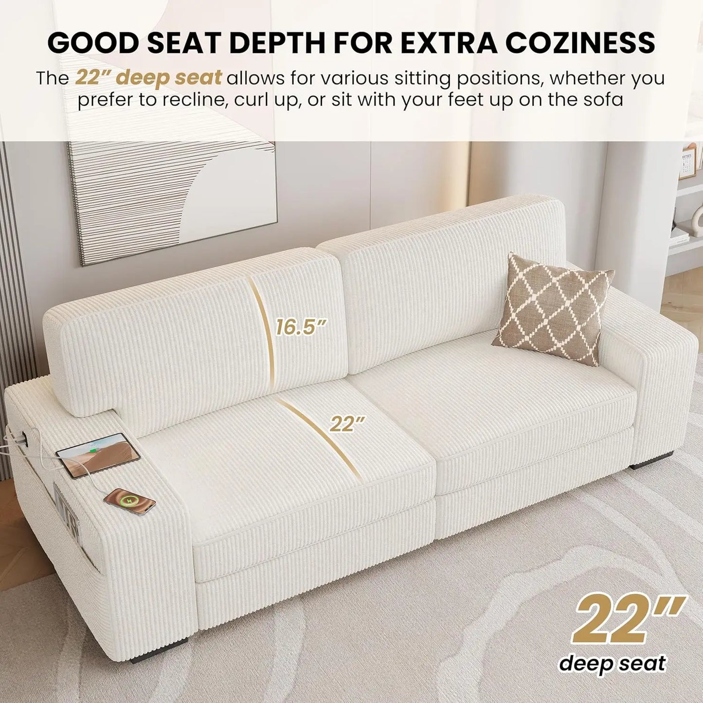 83.5" W Modern Sofa Couch 2 Seater Corduroy Fabric Sofa for Living Room Apartment, Ivory
