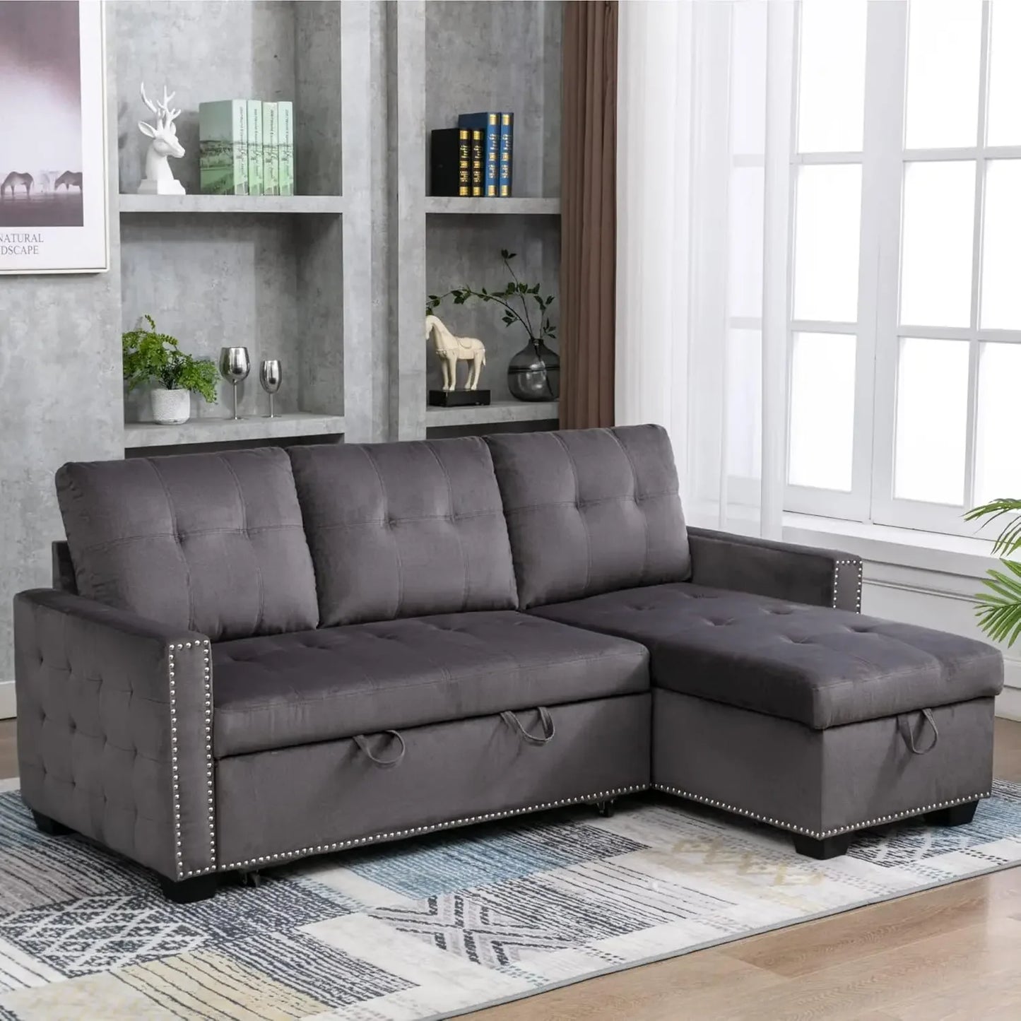 76.8'' Pull Out Sleeper Sectional Storage Sofa Bed,L-Shaped Convertible Velvet Corner Sofa Bed, Reversible Storage Chaise