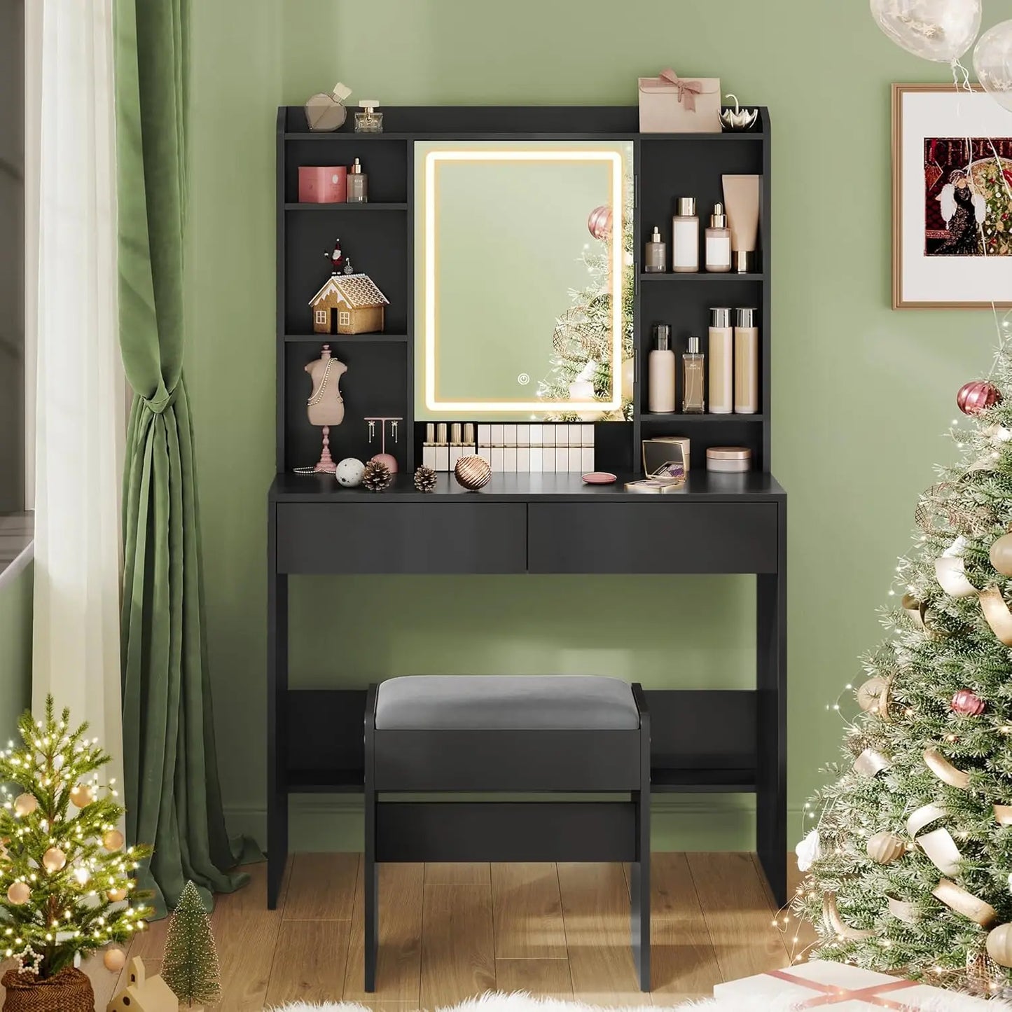 Vanity Desk with Mirror and Lights, Makeup Vanity with Upholstered Vanity Stool, Dimmable LED Lights, Adjustable Shelves
