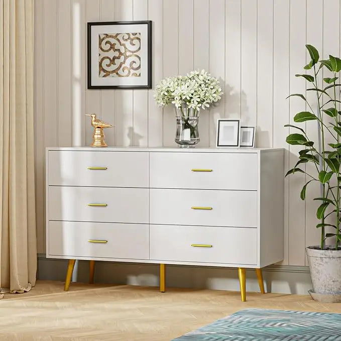 White Dresser for Bedroom, 6 Drawer Dresser with Wide Drawers and Gold Metal Handles, Wood Dressers Chest of Hallway