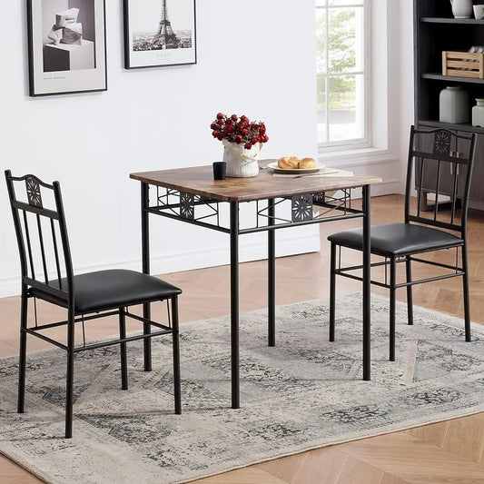 Dining table, 2/3-piece kitchen bar small dining table, equipped with PU padded chairs, retro brown, dining table
