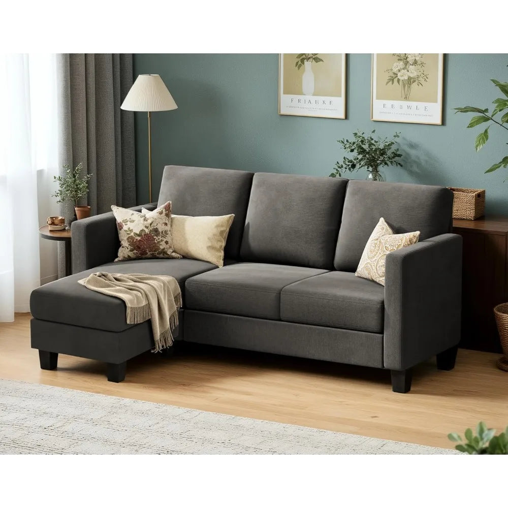 Convertible Sectional Sofa Couch, 3 Seat L-Shaped Sofa with Linen Fabric Ottoman Small Couch for Small Apartments, Living Room