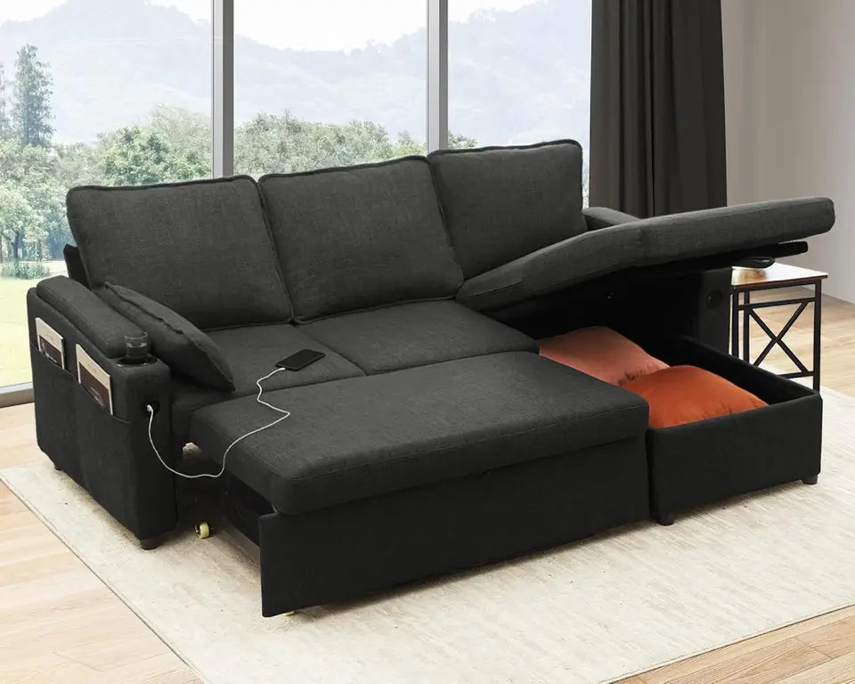 Sleeper Pull Out 2 in 1 Sectional Sleeper Sofa Couches with Storage,USB, Cup Holder,Pullout Sectional Couches