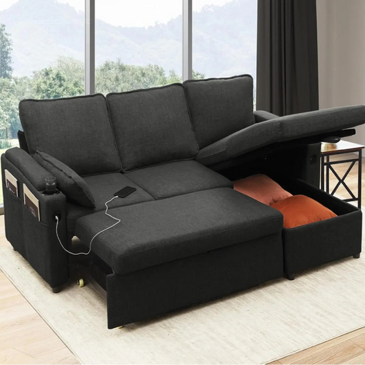 Sleeper Pull Out 2 in 1 Sectional Sleeper Sofa Couches with Storage,USB, Cup Holder,Pullout Sectional Couches