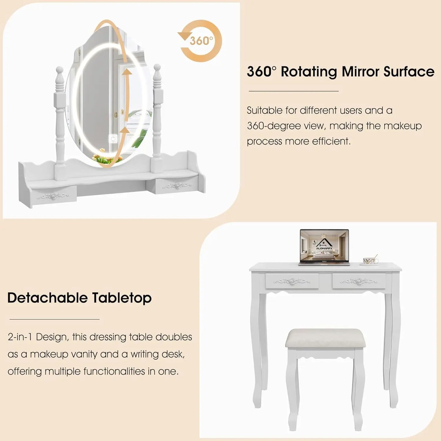 Vanity Desk with Mirror and Lights, Modern Vanity Makeup Table and Cushioned Stool Set with 4 Drawers, 3 Color Lighting Modes