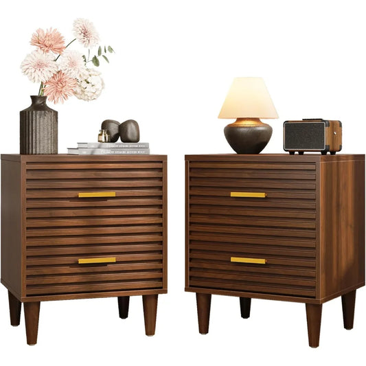 Fluted Nightstands Set of 2, Mid Century Bedside Table for Bedroom, End Table with 2 Drawers, Modern Bed Side Table wit