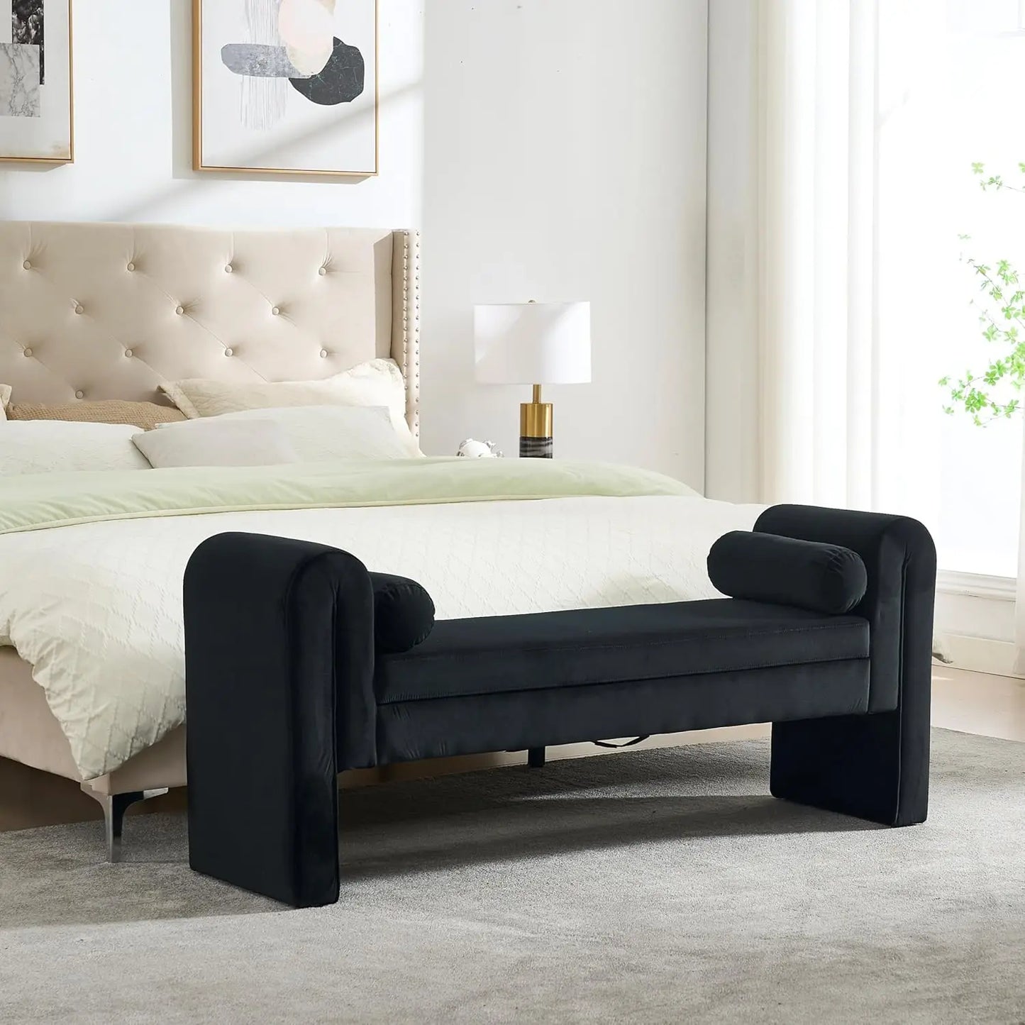 Storage Bench for Bedroom End of Bed, 65" Velvet Upholstered Rolled Armed Button Tufted Stool Bench, Storage Ottoman