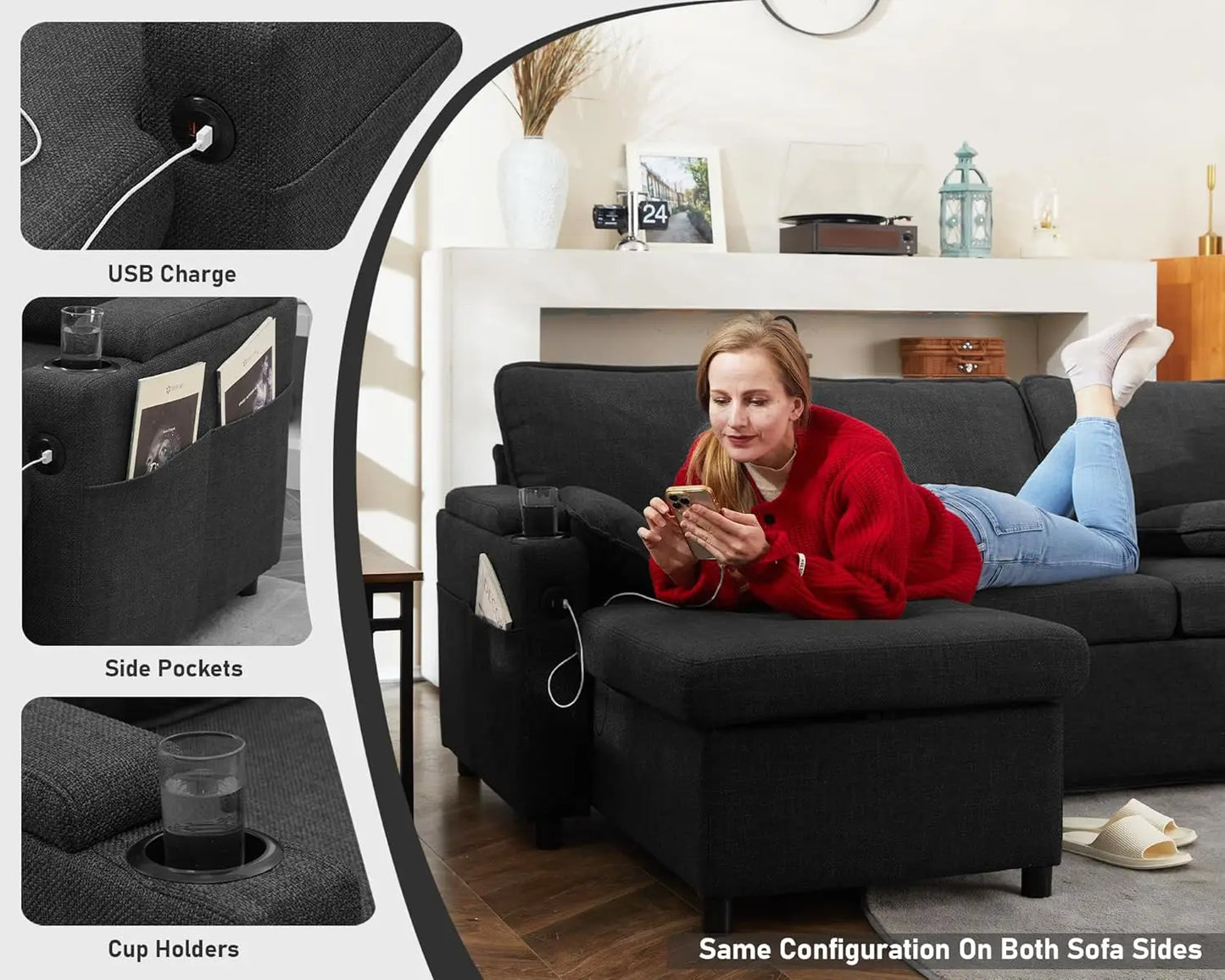 Sleeper Pull Out 2 in 1 Sectional Sleeper Sofa Couches with Storage,USB, Cup Holder,Pullout Sectional Couches